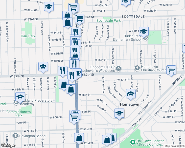 map of restaurants, bars, coffee shops, grocery stores, and more near 4651 West 87th Street in Chicago