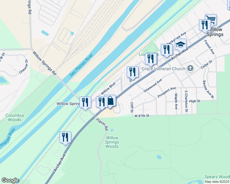 map of restaurants, bars, coffee shops, grocery stores, and more near 1800 Sherwood Drive in Willow Springs