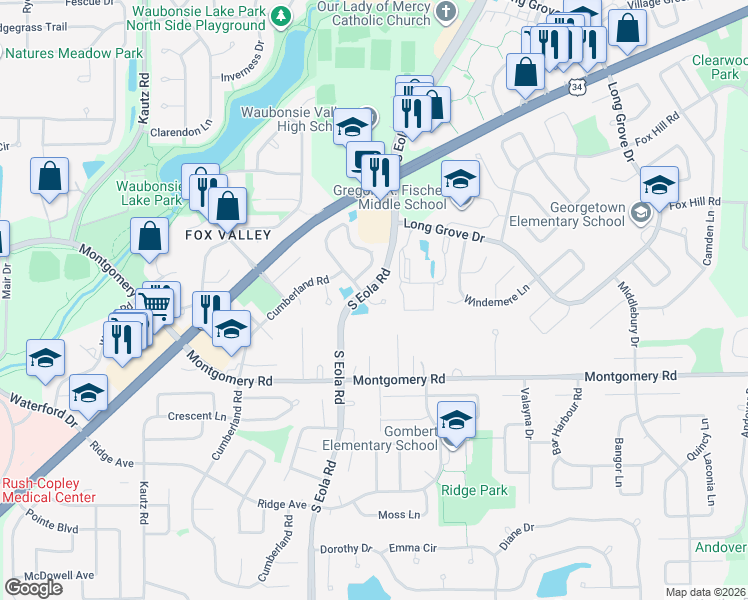 map of restaurants, bars, coffee shops, grocery stores, and more near 2535 Autumn Grove Court in Aurora
