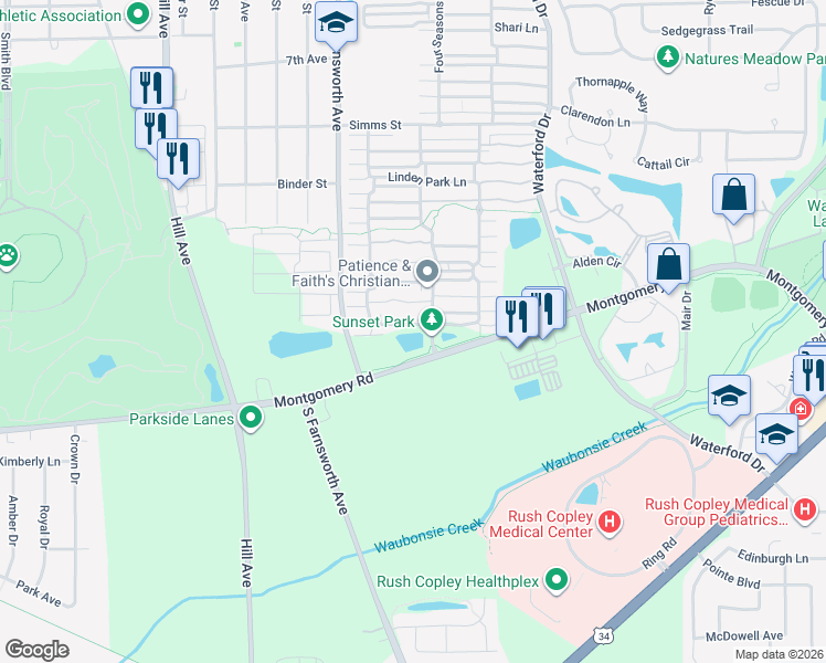 map of restaurants, bars, coffee shops, grocery stores, and more near 1075 Four Seasons Boulevard in Aurora