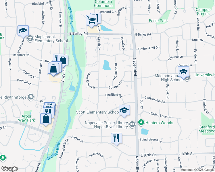 map of restaurants, bars, coffee shops, grocery stores, and more near 1740 Chalmette Court in Naperville