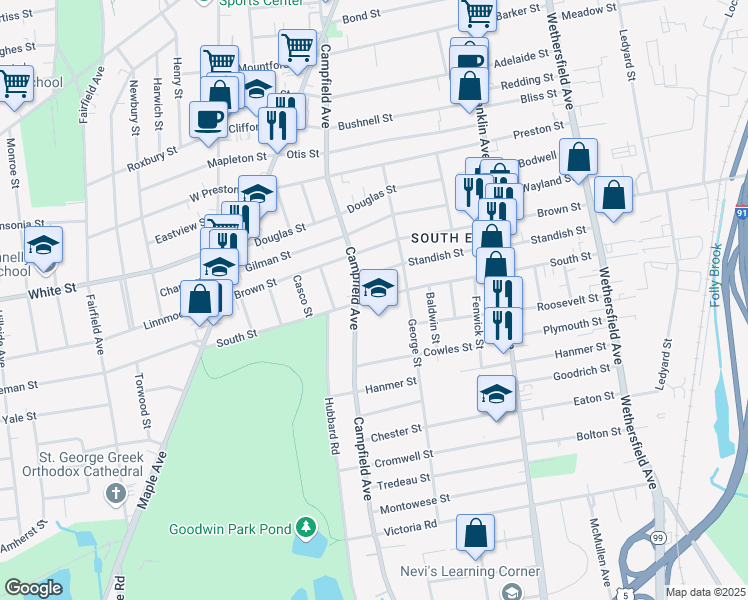 map of restaurants, bars, coffee shops, grocery stores, and more near 215 South Street in Hartford