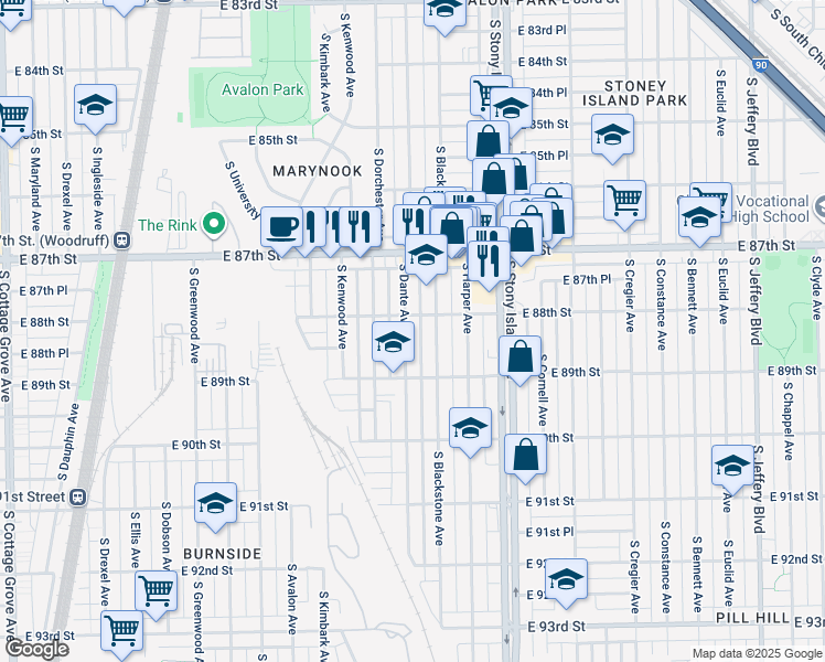 map of restaurants, bars, coffee shops, grocery stores, and more near 8811 South Dante Avenue in Chicago