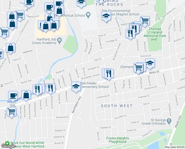 map of restaurants, bars, coffee shops, grocery stores, and more near 688 Broadview Terrace in Hartford