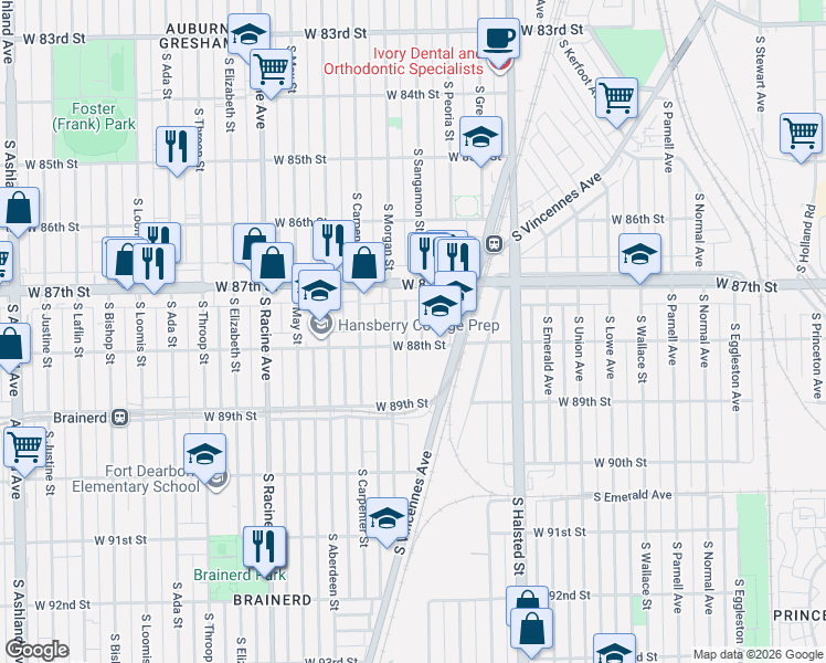 map of restaurants, bars, coffee shops, grocery stores, and more near 8749 South Morgan Street in Chicago