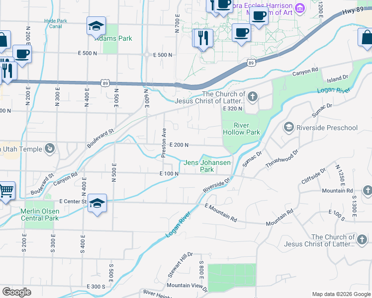 map of restaurants, bars, coffee shops, grocery stores, and more near 728 East 200 North in Logan