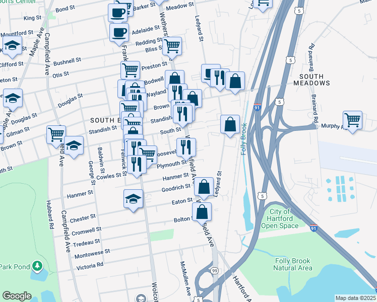 map of restaurants, bars, coffee shops, grocery stores, and more near 779 Wethersfield Avenue in Hartford