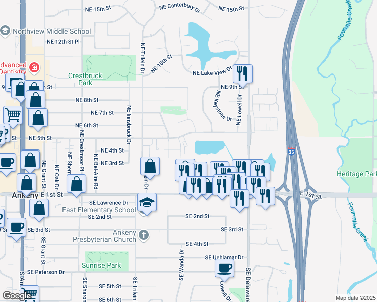 map of restaurants, bars, coffee shops, grocery stores, and more near 783 Northeast 5th Street in Ankeny