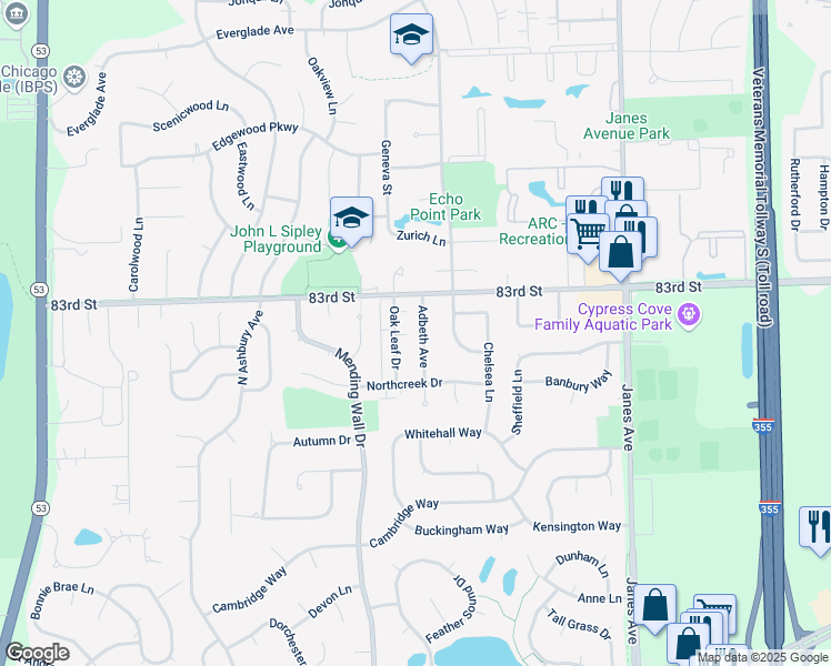 map of restaurants, bars, coffee shops, grocery stores, and more near 8320 Adbeth Avenue in Woodridge