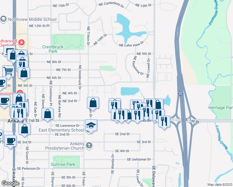 map of restaurants, bars, coffee shops, grocery stores, and more near 783 Northeast 5th Street in Ankeny