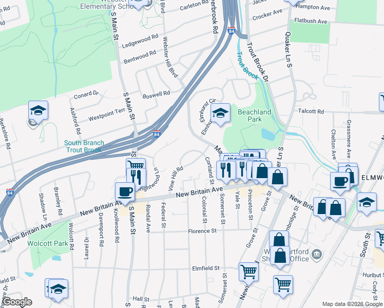 map of restaurants, bars, coffee shops, grocery stores, and more near 89 Vine Hill Road in West Hartford