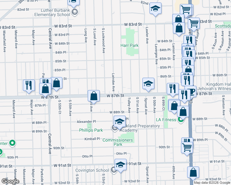 map of restaurants, bars, coffee shops, grocery stores, and more near 5260 West 87th Street in Burbank