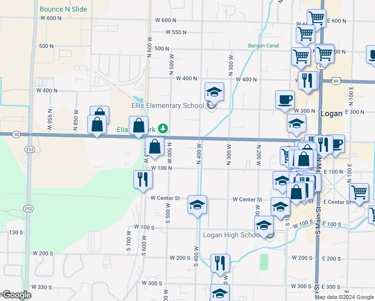 map of restaurants, bars, coffee shops, grocery stores, and more near 165 1/2 North 400 West in Logan