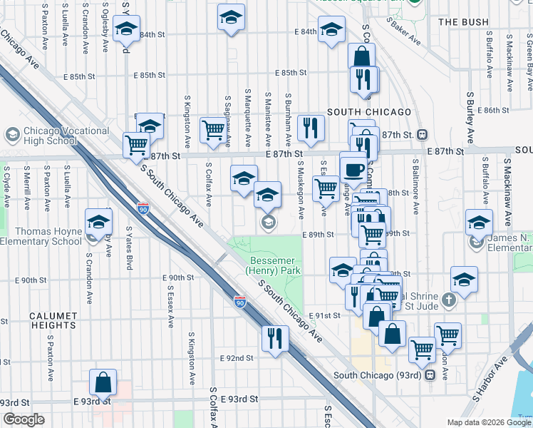 map of restaurants, bars, coffee shops, grocery stores, and more near 2710 East 89th Street in Chicago