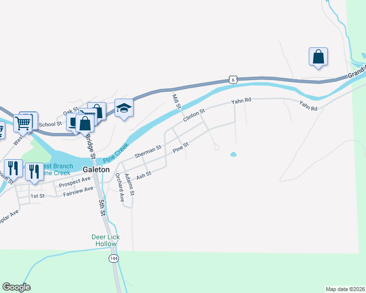 map of restaurants, bars, coffee shops, grocery stores, and more near 23 Elm Street in Galeton
