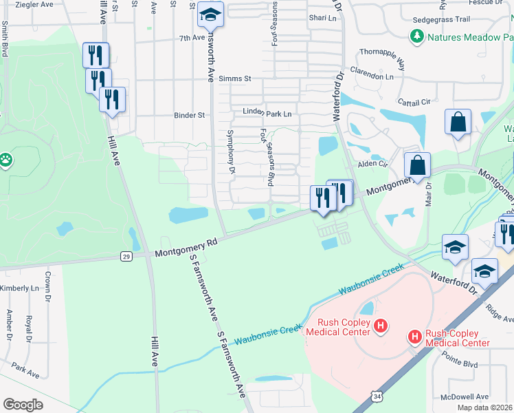map of restaurants, bars, coffee shops, grocery stores, and more near 1075 Four Seasons Boulevard in Aurora