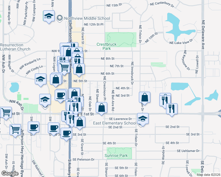 map of restaurants, bars, coffee shops, grocery stores, and more near 318 Northeast Bel-Aire Road in Ankeny