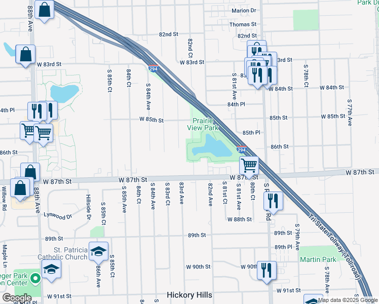map of restaurants, bars, coffee shops, grocery stores, and more near 8524 South 82nd Court in Hickory Hills
