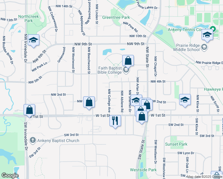 map of restaurants, bars, coffee shops, grocery stores, and more near 1924 Northwest 3rd Street in Ankeny