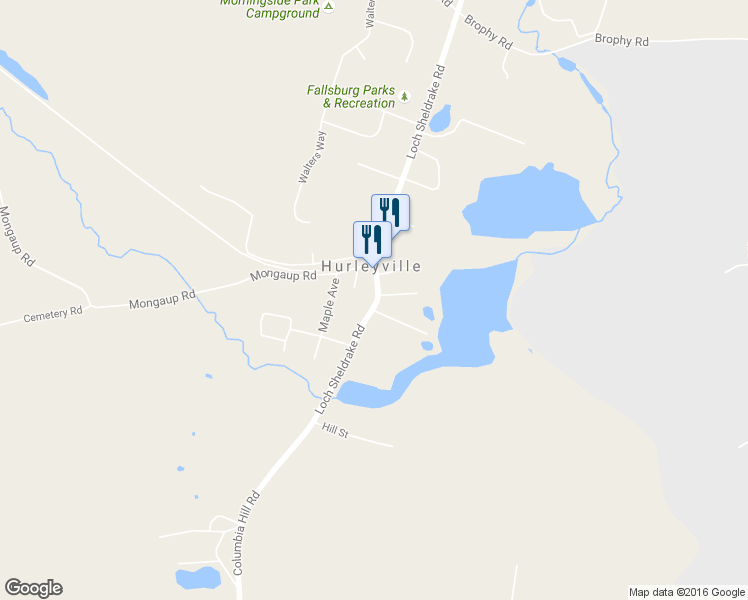 map of restaurants, bars, coffee shops, grocery stores, and more near 189 Main Street in Hurleyville