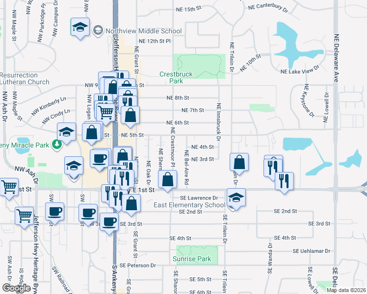 map of restaurants, bars, coffee shops, grocery stores, and more near 318 Northeast Bel-Aire Road in Ankeny