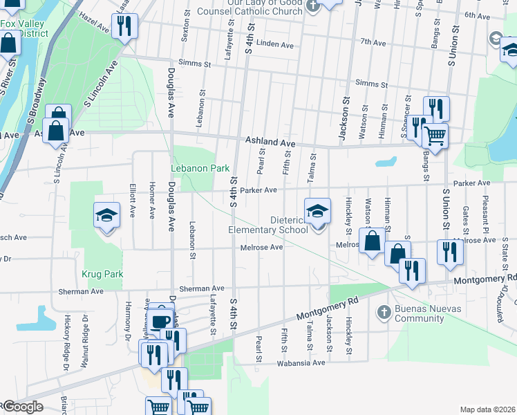 map of restaurants, bars, coffee shops, grocery stores, and more near 1124 Pearl Street in Aurora