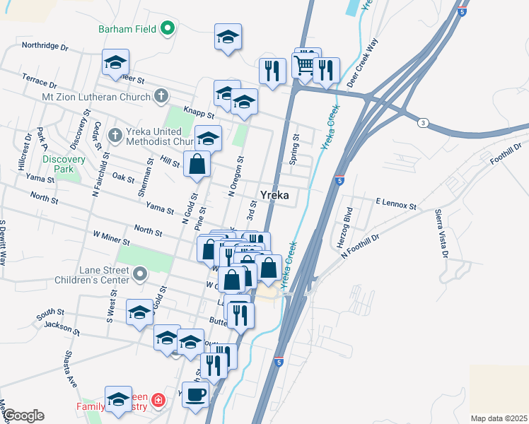 map of restaurants, bars, coffee shops, grocery stores, and more near 335 North Main Street in Yreka