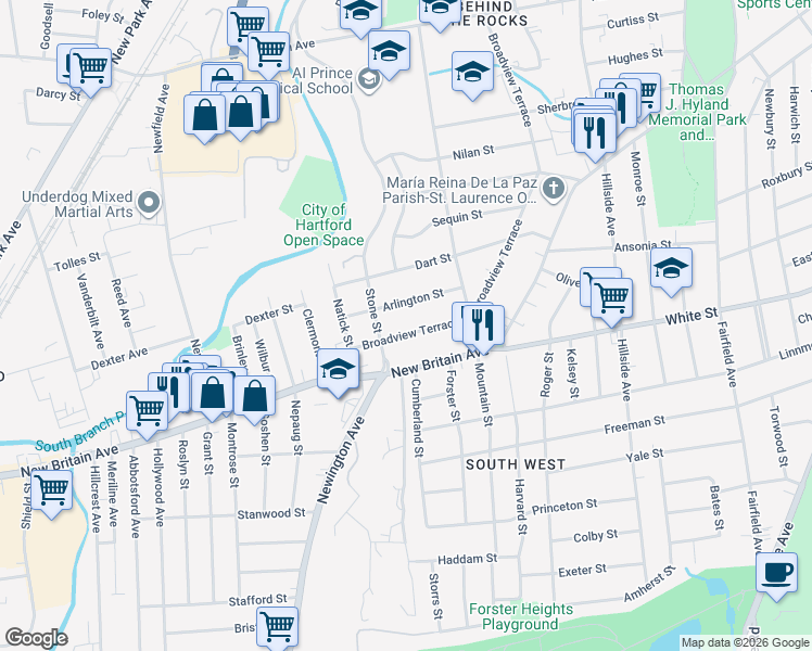 map of restaurants, bars, coffee shops, grocery stores, and more near 688 Broadview Terrace in Hartford