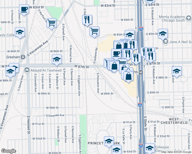 map of restaurants, bars, coffee shops, grocery stores, and more near 8757 South Princeton Avenue in Chicago