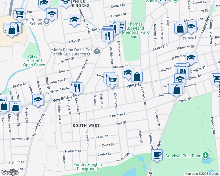 map of restaurants, bars, coffee shops, grocery stores, and more near 250 White Street in Hartford