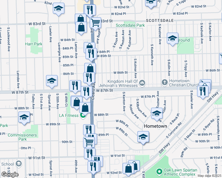 map of restaurants, bars, coffee shops, grocery stores, and more near 4651 West 87th Street in Chicago