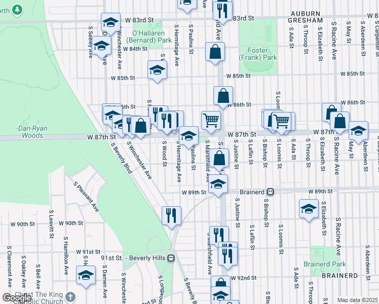 map of restaurants, bars, coffee shops, grocery stores, and more near 8734 South Paulina Street in Chicago