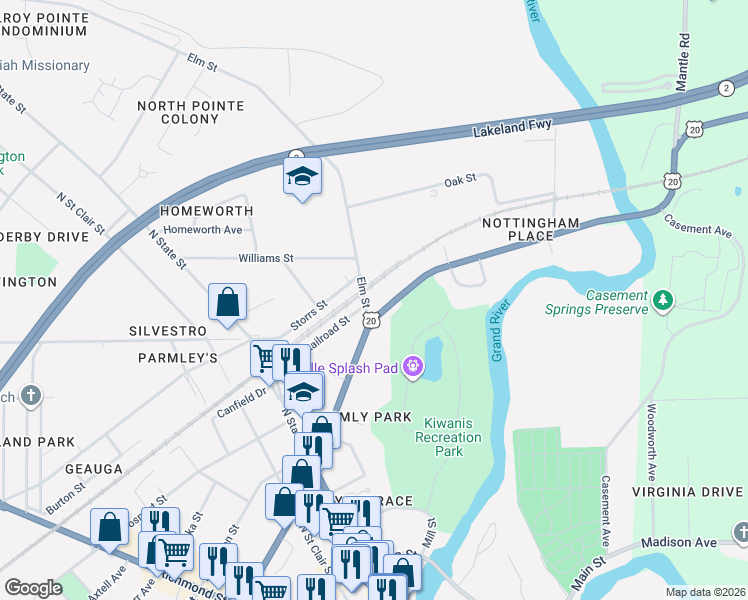 map of restaurants, bars, coffee shops, grocery stores, and more near 416 Elm Street in Painesville