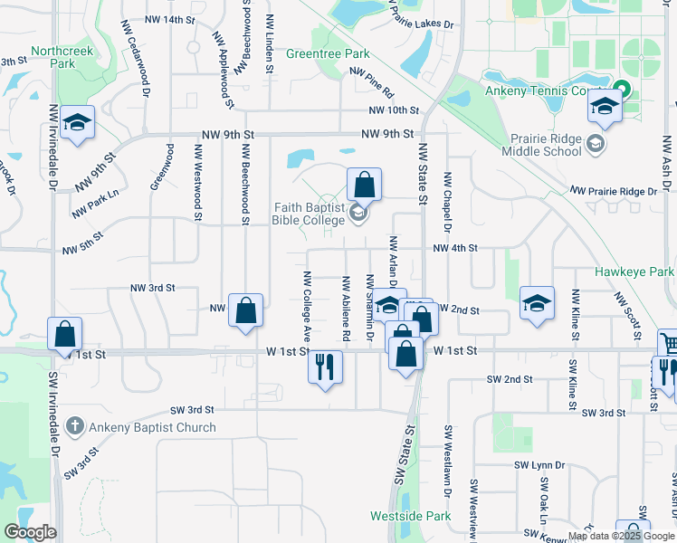 map of restaurants, bars, coffee shops, grocery stores, and more near 1906 Northwest 3rd Street in Ankeny