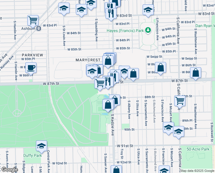 map of restaurants, bars, coffee shops, grocery stores, and more near 8700 South Kedzie Avenue in Evergreen Park