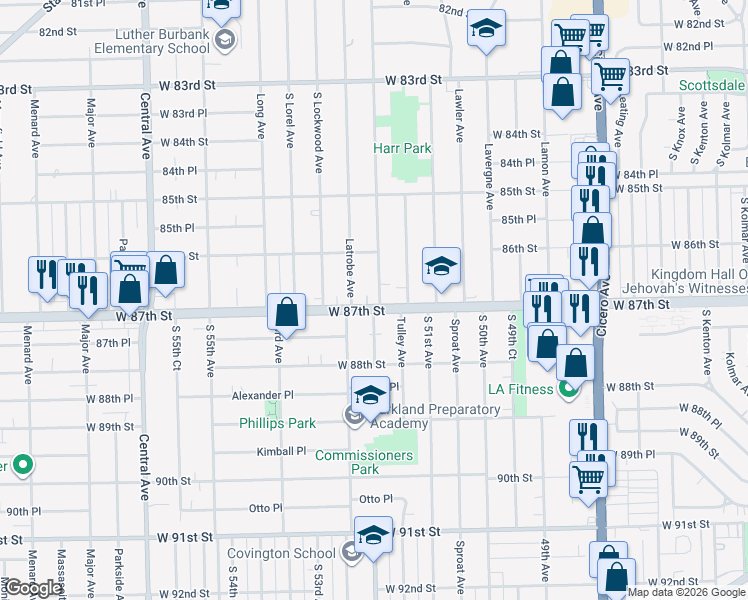 map of restaurants, bars, coffee shops, grocery stores, and more near 5260 West 87th Street in Burbank
