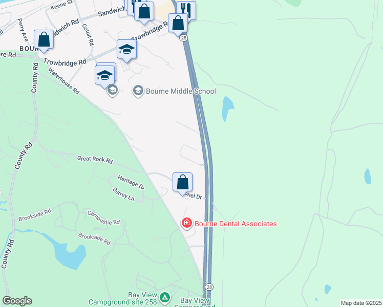 map of restaurants, bars, coffee shops, grocery stores, and more near 146 Mac Arthur Boulevard in Bourne