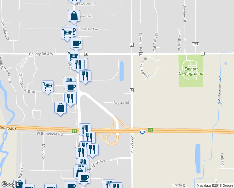 map of restaurants, bars, coffee shops, grocery stores, and more near 26103 Rogers Road in Elkhart