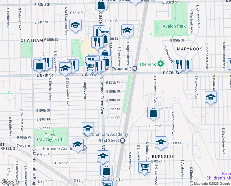 map of restaurants, bars, coffee shops, grocery stores, and more near 845 East 88th Street in Chicago