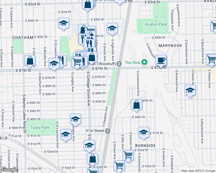 map of restaurants, bars, coffee shops, grocery stores, and more near 8800 South Dauphin Avenue in Chicago