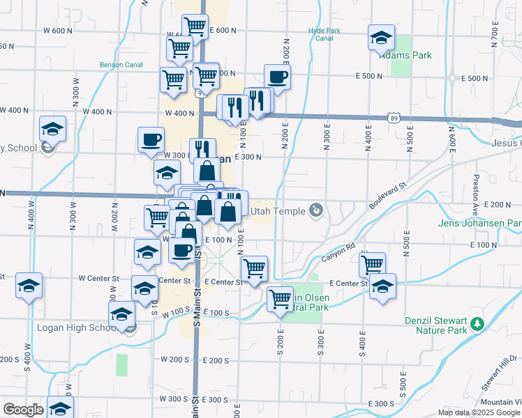 map of restaurants, bars, coffee shops, grocery stores, and more near 150 East 200 North in Logan
