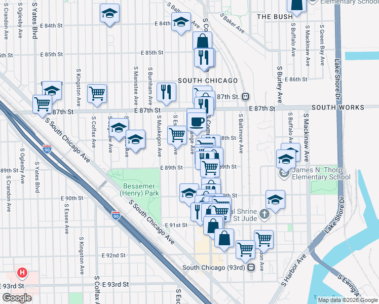 map of restaurants, bars, coffee shops, grocery stores, and more near 8835 South Escanaba Avenue in Chicago
