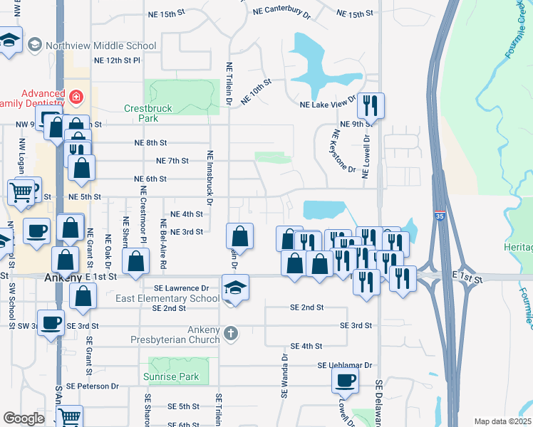map of restaurants, bars, coffee shops, grocery stores, and more near 725 Northeast 5th Street in Ankeny