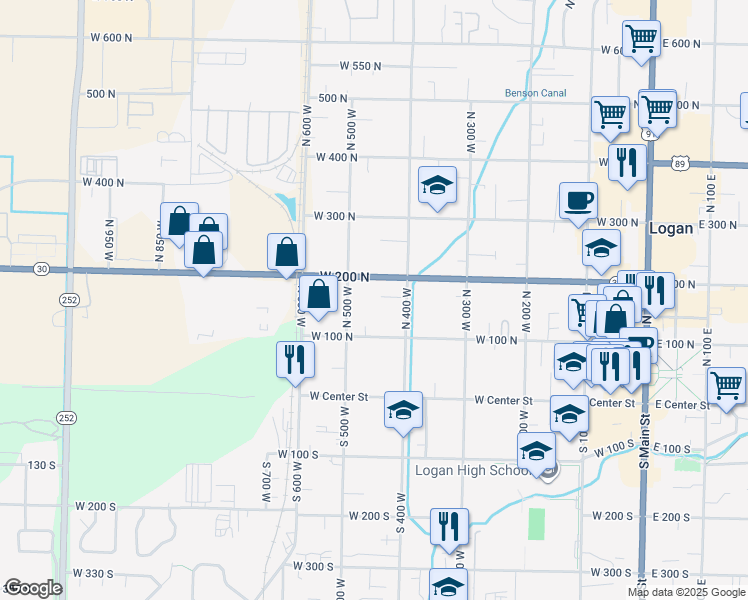 map of restaurants, bars, coffee shops, grocery stores, and more near 165 1/2 North 400 West in Logan