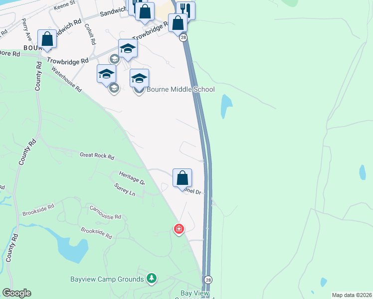 map of restaurants, bars, coffee shops, grocery stores, and more near 146 Mac Arthur Boulevard in Bourne