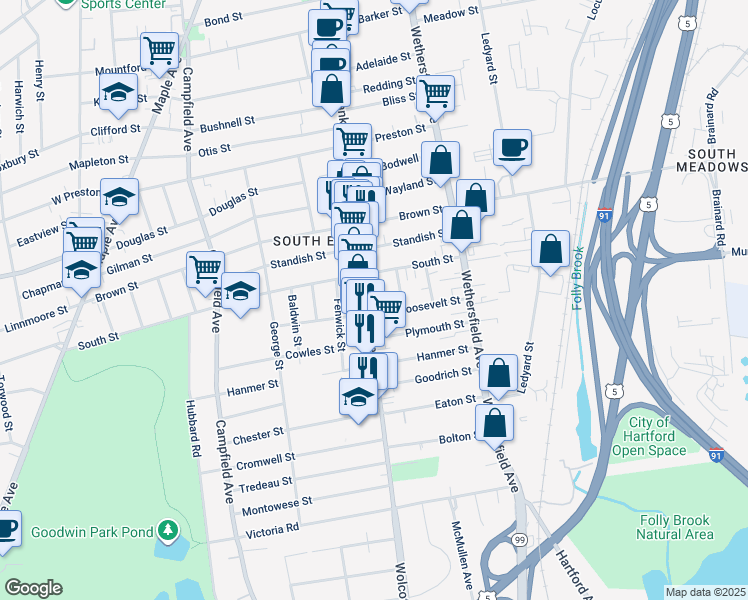 map of restaurants, bars, coffee shops, grocery stores, and more near 523 Franklin Avenue in Hartford