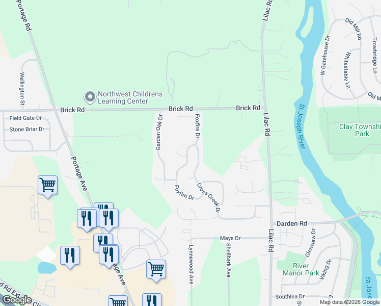 map of restaurants, bars, coffee shops, grocery stores, and more near 4340 Foxfire Drive in South Bend