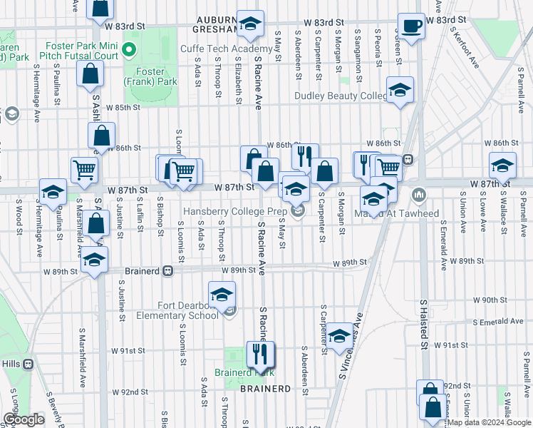 map of restaurants, bars, coffee shops, grocery stores, and more near 1136 West 88th Street in Chicago
