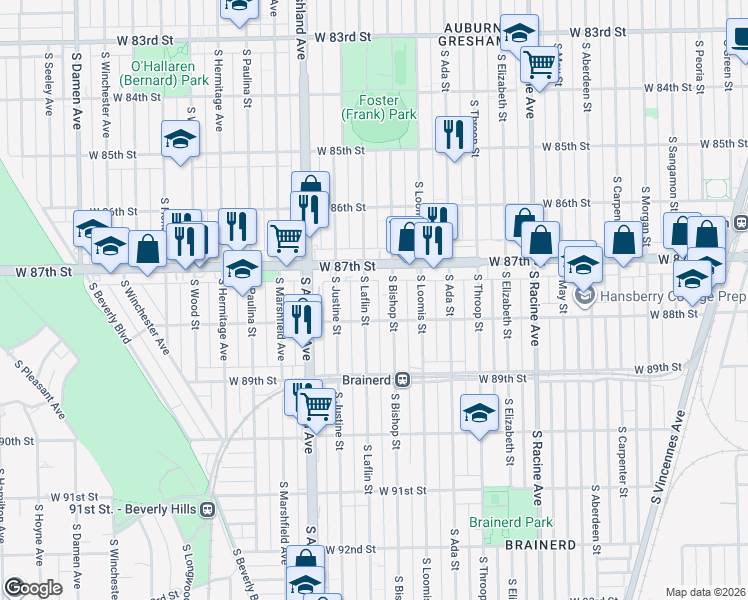 map of restaurants, bars, coffee shops, grocery stores, and more near 8744 South Bishop Street in Chicago