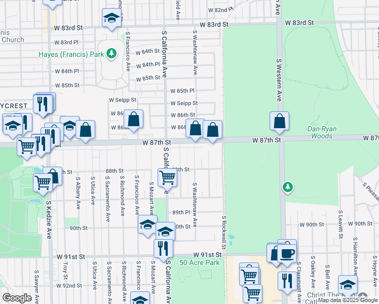 map of restaurants, bars, coffee shops, grocery stores, and more near 8724 South Washtenaw Avenue in Evergreen Park